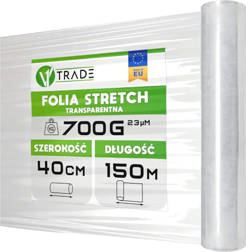 V1 Trade folia stretch do pakowania 150 m x 40 cm – folia typu shrink wrap do mebli i palet – rolka przeprowadzkowa – przezroczysta folia do zabezpieczania – grubość 23 mikrony
