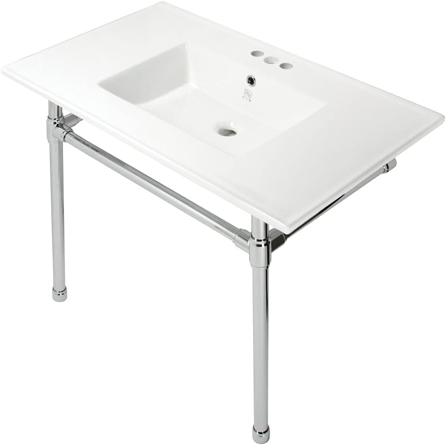 Kingston Brass LMS36MB6 Pemberton 36" Carrara Marble Console Sink with Brass Legs, Marble White/Polished Nickel