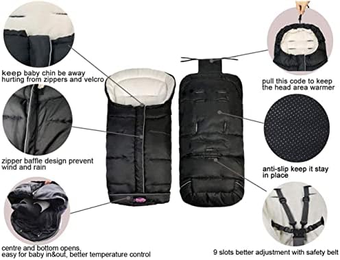 Weather Proof Oudtoor Walking Universal Stroller Bunting Bag with Reflective Strips,Multi-Zippers,Central and Feet Area Opens,Easy for Baby in&Out&Temperature Regulation Footmuff for Stroller,Black - 2