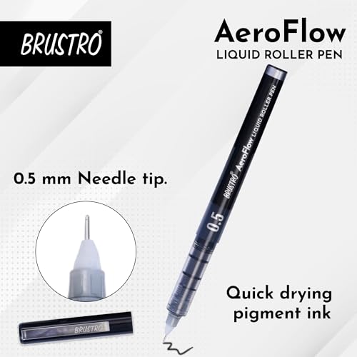 Image of BRUSTRO AeroFlow Liquid Ink Rollerball Pens | Black | 0.5mm, Micro Tip | Pack of 3 | Ideal for Students, Professionals, Office, Exam use, Accurate Smooth Writing, Waterproof, Fade Resistant