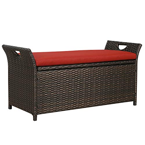 Patio Tree Outdoor Wicker Storage Bench Patio Furniture Rattan Deck Storage Bin with Cushion (Red)