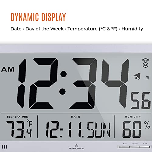 Marathon Slim Jumbo Atomic Wall Clock, Silver - Large, 15-Inch Display - Alarm, Am/Pm Or 24-Hour Time, Eight Time Zones, Indoor Temperature & Humidity - Four Aa Batteries Included #TOP3