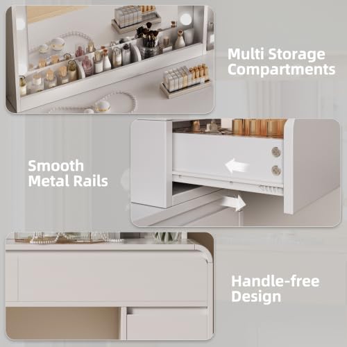Image of 60.2 inch Makeup Vanity Desk with Charging Station, White Makeup Dressing Table with Mirror & Lights, 3 Lighting Modes Adjustable Brightness, Vanity Table with Power Outlet and 6 Drawers