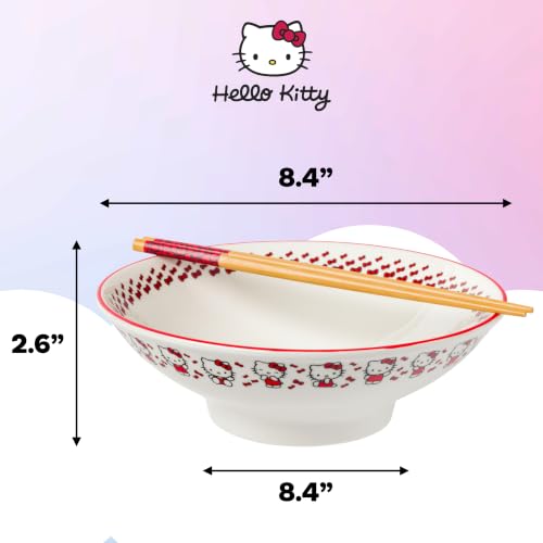 Image of Silver Buffalo Sanrio Hello Kitty Red, Ramen Bowl with Chopsticks, 30oz | Stripes and Bows, Ceramic, Noodle Rice, Microwave Safe, 0.89 Liters