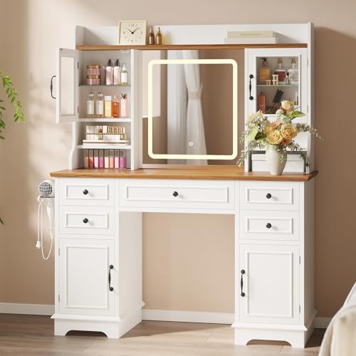 Vanity Desk with LED Lighted Mirror, Makeup Vanity Table with 5 Drawers, 4 Doors, and 3 Storage Shelves for Bedroom, Dressing Room, White