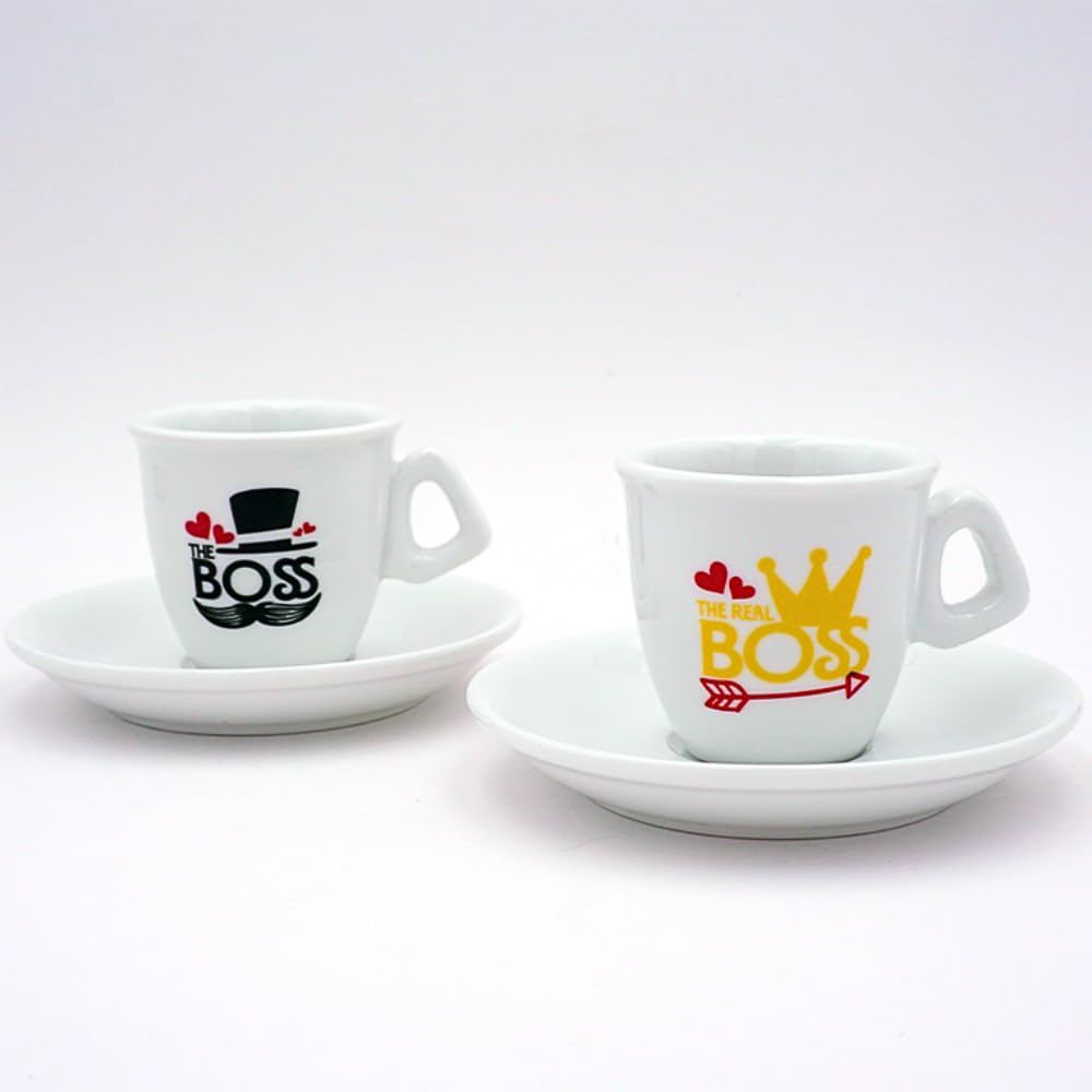 BrandPrint Set 2 Tazzine Caffè con Piattino - Serigrafia Artigianale THE BOSS, THE REAL BOSS in Box Elegante - 100% Made in Italy - Regalo Coppia San Valentino, Anniversario, Casa Nuova, Matrimonio