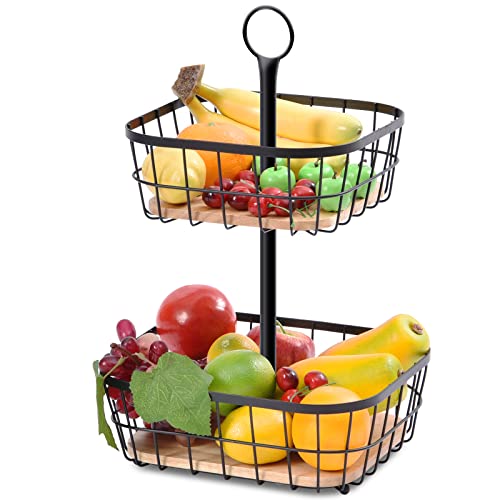 Kingrack 2-Tier Countertop Fruit Bowl, Fruit Basket with Wooden Base for Kitchen, Vegetables Basket with Handle, Stand Detachable Metal Wire Basket Black