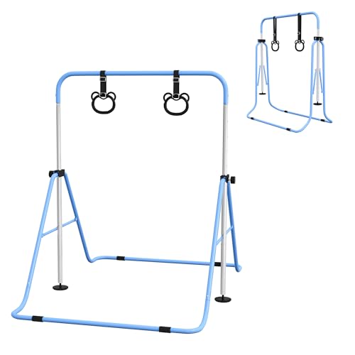 HOMCOM Barra de Gimnasia para Niños con Altura Ajustable en 5 Niveles y Anillos, Barra de Entrenamiento de Gimnasia Plegable en Casa, Azul
