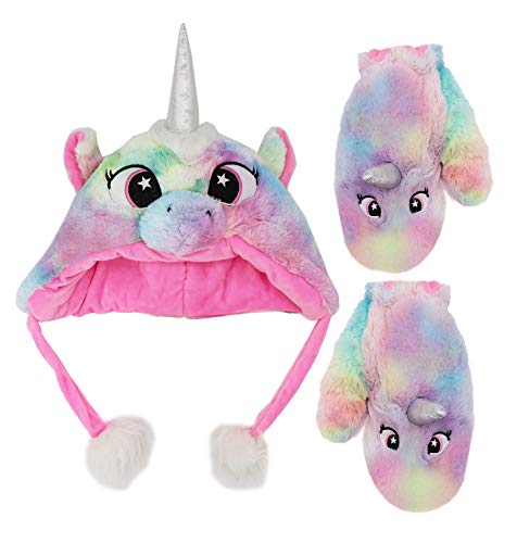 Kids Girls Cute Rainbow Unicorn Beanie Winter Hat and Glove Set Tie Dye Fuzzy Fur Earflap Cap Mitten Set