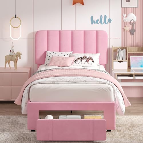 Image of VECELO Twin Size Upholstered Bed Frame with Drawer and Headboard, Velvet Platform Storage Bedframe, Wooden Slats Support, No Box Spring Needed,Pink