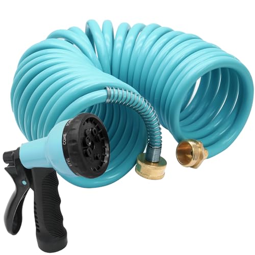 ISDVBUY 25ft EVA Garden Hose Curly Water Hose Coil Corrosion Resistant Garden Coil Includes 7-Pattern Function Sprayer Retractable for Outdoors Lawn Car Washing