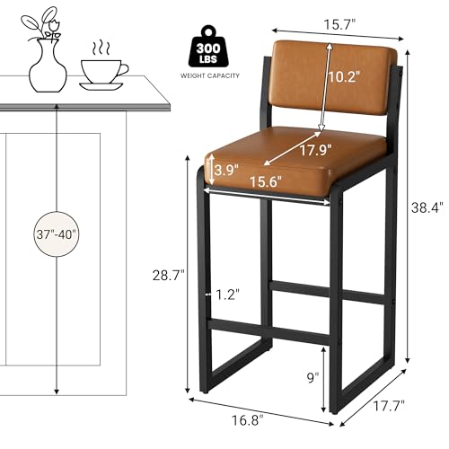 Image of 26In Modern Bar Stools Set of 2 Faux Leather Bar Chairs Caramel | Modern Counter Height Barstools with Back and Footrest, Sturdy Thickened Metal Leg, Kitchen Stools for Island
