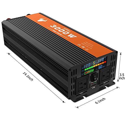 Power Inverter 3000 Watt, Car/Home 12V Dc To 110V Ac Converter, With Led Display, Dual Ac Outlets, Usb Port, Dual Smart Fans, Cables Included, Suitable For Home, Rv, Outdoor, Camping, Boat, Emergency #TOP5