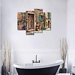 4 Panel Italian Tuscan Town Wall Art Streets of Old Mediterranean Painting The Picture Print On Canvas Architecture Pictures for Home Decor Decoration Stretched by Wooden Frame,Ready to Hang