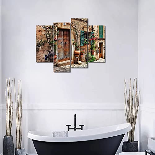 4 Panel Tuscany Wall Art Streets Of Old Mediterranean Towns Flower Door Windows Paintings Print On Canvas Architecture Pictures For Home Decor Modern Artwork #TOP3