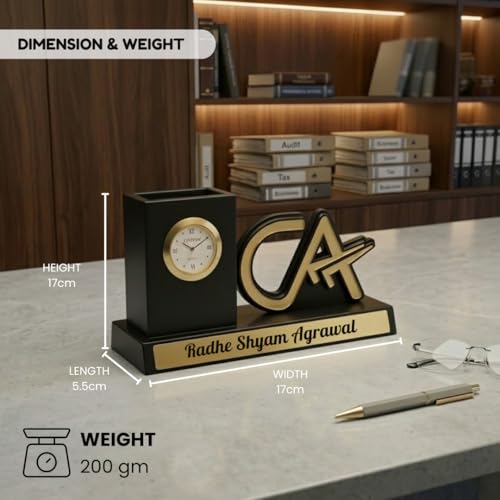 Image of Giftana Personalized CA Pen Stand with Name & Clock, Wooden Desk Organizer with Chartered Accountant Emblem, Customized Pencil Holder for Office Desk, Unique Gift for CA, Birthday & Professional Gift