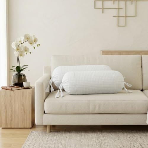 Image of SAJAVAT HOME 100% Cotton Waffle Bolster Cover Pack of 2 | Textured Decorative Bolster Pillow Covers for Sofa, Bed & Couch | Soft Breathable All-Season Cylindrical Cushion Covers | White