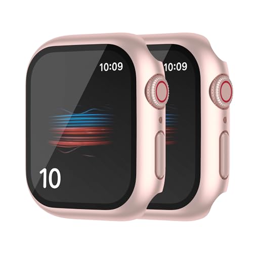 HANKN 2 Pack Hard PC Case with Button for Apple Watch Series 6 5 4 SE 40mm Tempered Glass Screen Protector Case, Full Coverage Shockproof Shell Iwatch Bumper Cover (Rose Gold+Rose Gold, 40mm)