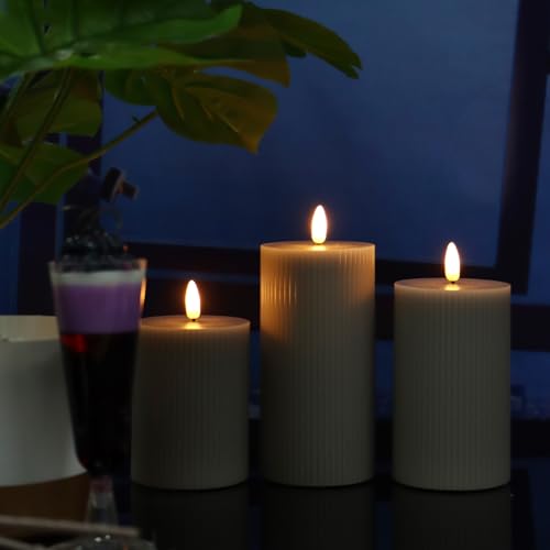 Image of 3 Pack Wax LED Flameless Candles with Remote Real Wax Battery Operated Electric Pillar Candle Set with Vertical Stripes 3D Black Wick for Home Party Wedding Decorations, Grey, D 3 x H 4 /5 /6 inch