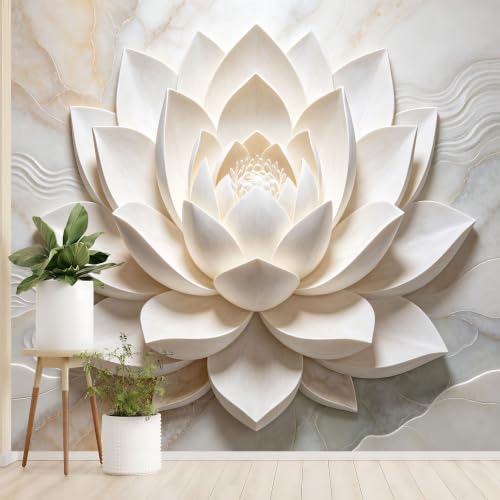 Image of Sculptural Lotus Flower Wall Mural Modern Luxury Large Blooming Flower Non-Woven Wallpaper 130 x 80 cm Marble Effect Layered Lotus Petals Cream Beige Wall Covering for Living Room Bedroom Feature Wa