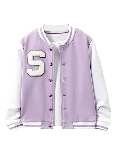 Floerns Girl's Letter Patched Colorblock Jacket Button Down Long Sleeve Preppy Outerwear