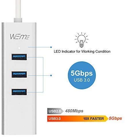 WEme Ethernet Adapter 2 in 1 USB C to Gigabit Ethernet Converter, Compatible Thunderbolt 3, Aluminum USB 3.0 RJ45 Network Adapter with 3 Port Hub for PC, Mac, Linux, MacBook Air, Windows Surface Pro