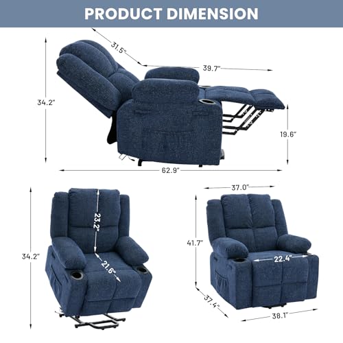 Image of Oversized Linen Power Lift Recliner for Elderly | Electric Stand Assist Chair with Massage Heat & 2 Cup Holders | 155 Lay Flat Recliner for Living Room,Dark Blue