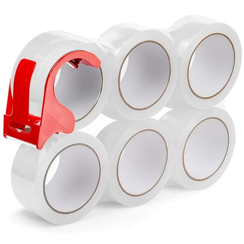 MISHCHI 6-Pack Clear Packing Tape with Dispenser, 2.7mil x 1.88 Inches x 55 Yards Heavy Duty Packaging Tape, Strong Adhesive Packing Tape for Moving Boxes, Shipping, Mailing and Storages