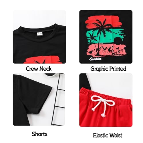 Image of Boys 2 Piece Outfits Short Sleeve Basketball Pattern T-Shirt and Shorts Summer Clothes for Kids 5-12 Years