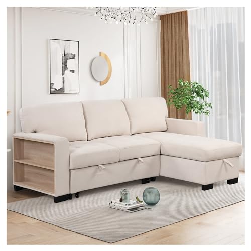 SILKFROM Stylish and Functional Light Chaise Lounge Sectional with Storage Rack Pull-out Bed Drop Down Table and USB Charger,sofá de salón