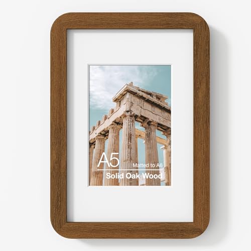 FLYJOE A5 Solid Oak Wood Photo Frame | A5 Picture Frame With Mat For A6 | Plexiglass And Hanging Hardware Included | Walnut, 1 Pack