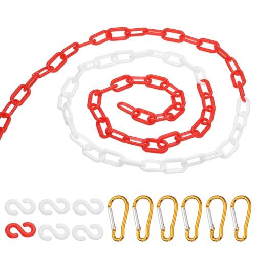 PATIKIL 20Ft Plastic Chain Barrier, Safety Link Chain with 6 S-Hooks and 6 Clips for Crowd Control at Driveway Elevator Parking Lot, Red White