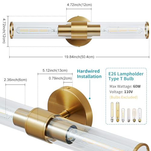 Image of Hardwired Gold Bathroom Vanity Light Clear Glass Wall Sconce | Up & Down Bidirectional Lighting, Damp Rated For Bathrooms, Dimmable, Rustproof Gold Metal, 5-Year Manufacturer Warranty