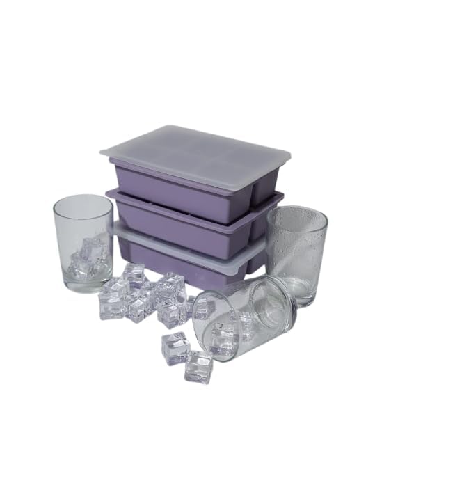 Image of Ice Cube Molds with Lid,Big Silicone Ice Cube Tray for Whiskey,2Inch Square Ice Cube Tray,Easy-Release Ice Mold,Giant Ice Cubes for Bourbon Cocktail (3, Purple)