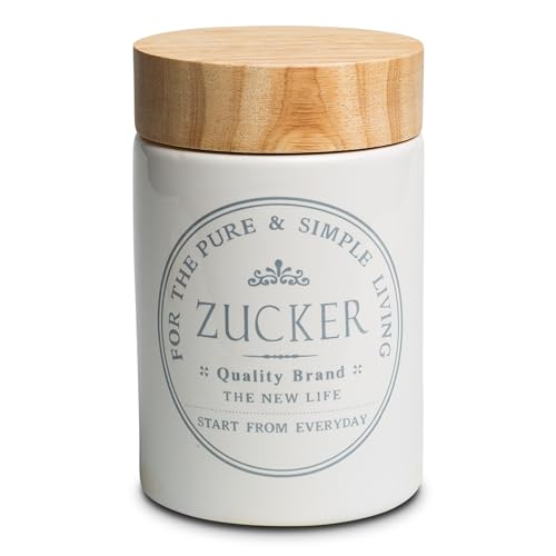 KHG Zuckerdose Keramik Steingut Weiß Holzdeckel Bambus, Vorratsdose Zucker für ca. 1 kg feinen Zucker, Zucker-Aufbewahrung rund, Oberfläche glänzend glasiert Emaille, luftdicht, beschriftet