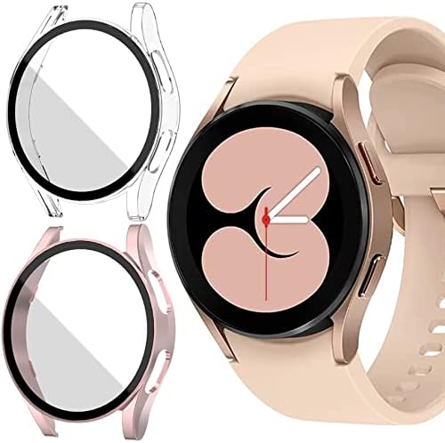 Jvchengxi [2 Pack] Case for Samsung Galaxy Watch 4 40mm Screen Protector, Hard PC Matt Case + HD Tempered Glass Anti-Scratch Protective Film Bumper Cover for Galaxy Watch 4 40mm (Clear/Rose Gold)