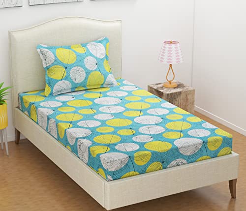 Image of VAS COLLECTIONS Pack of 1 Single Bedsheet with 1 Pillow Covers | 160 TC Soft Brushed Glace Cotton Aqua & Yellow - Long Lasting & Wrinkle Free - | 228X152 cm