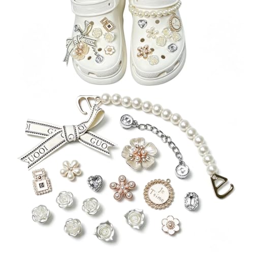 Image of SINJAETRQ 17Pcs Shoe Charms for Crocs – White Pearl Chain & Bow Set