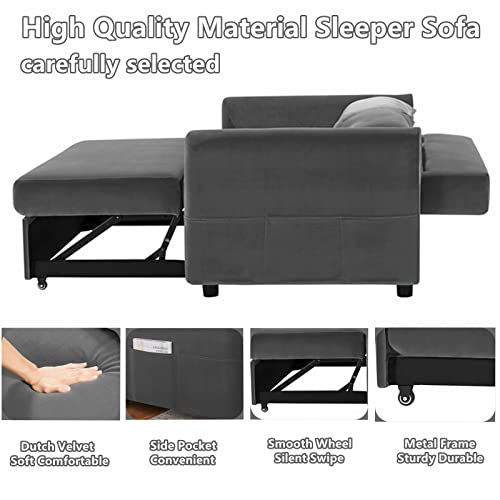 Gynsseh Pull Out Sofa Sleeper, Adjustable Sleeper Loveseat Pull Out Bed With 2 Pillows And Side Pocket, Soft Velvet 3 In 1 Convertible Sleeper Sofa Bed For Living Room Bedroom (Gray) #TOP4