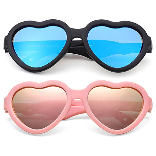 Scvgver Toddler Polarized Heart Shaped Sunglasses With Strap Rubber Flexible Frame For Children Age 0-24 Months (Pink/Pink Mirrored + Black/Blue Mirrored) #TOP2