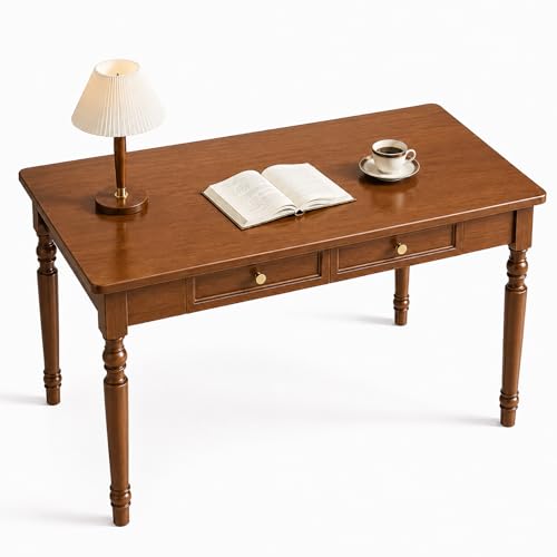 Fyydnr Walnut Writing Desks with Drawers, 47" Solid Wood French Country Style Computer Desk for Home Office, Living Room Study Workspace or Bedroom, Traditional Vanity Dressing Table