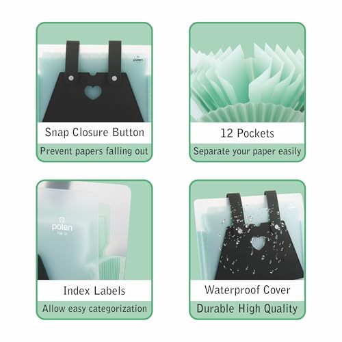 Image of Polen 13-Pocket Expanding File Folder with Handle Straps, Transparent Accordion Document Organizer with Heart-Cut Front Pocket for Certificates, Bills, Receipts & Office Documents.(Green)