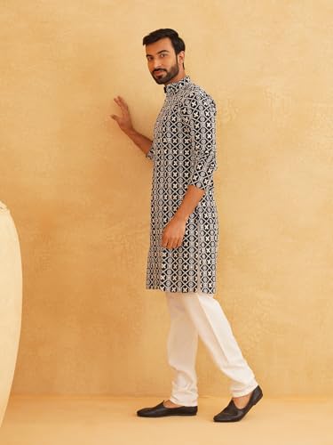 Image of SOJANYA (Since 1958 Men's Cotton Gold Sequence Embroidered Kurta with white Churidaar Pyjama