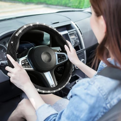 Steering Wheel Cover，with Sparkly Crystal Rhinestone, Delicate and Anti-Slip Bling Steering Wheel Cover ，Adaptable to 14.5-15 inches Car Wheel Protector for Women Girl，Diamond Car Accessories, Black by LANPU SURE - Image 8