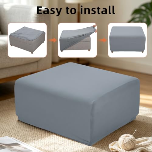 Image of YISUN Super Stretch Square Ottoman Cover - Soft Form Fit Ottoman Slipcover for Foot Stool & Folding Storage, Washable Furniture Protector with Non-Slip Elastic Bottom (L, Light Grey)