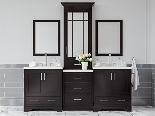 Ariel M085D-Esp- Stafford 85" Solid Birch Wood Double Sink Bathroom Vanity Set In Espresso, 1.5” White Quartz Countertop, #TOP6