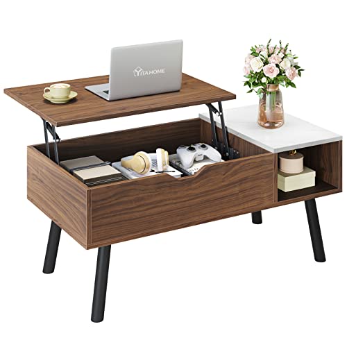 Yitahome Lift Top Coffee Table With Hidden Compartment And Storage Shelf Mid Century Modern Coffee Table Metal Legs Wood Tabletop Cocktail Table For Living Room, Office, Reception Room, Walnut Marble #TOP8