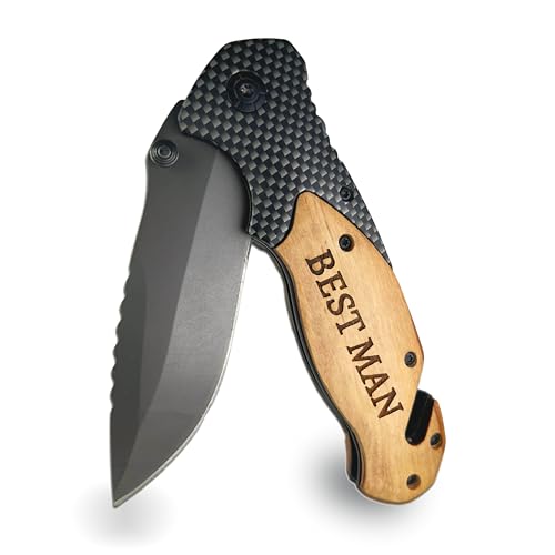 Best Man Pocket Knife Gift - Laser Engraved Wooden Knife Set With Glass Breaker, Seatbelt Cutter &...