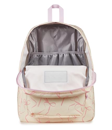Image of JanSport SuperBreak Plus Backpack with Padded 15-inch Laptop Sleeve and Integrated Bottle Pocket - Spacious and Durable Daypack for Work and Travel, Rows Of Bows Natural /Pink Ice