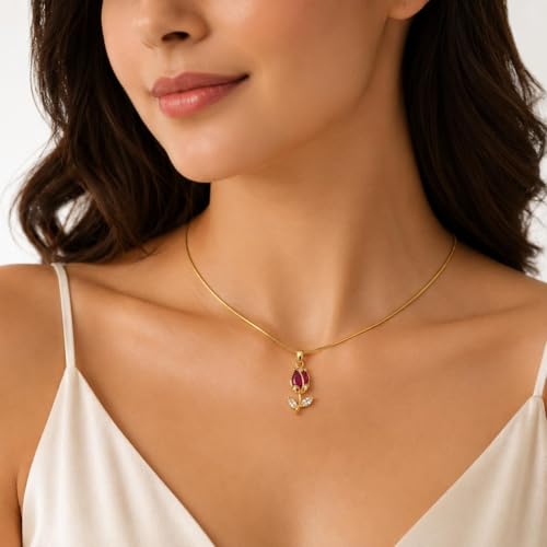 Image of Gold Plated Red Tulip Pendant Necklace for Women | Floral Rose Design with Red Crystal Stone | Adjustable Snake Chain Lightweight Elegant Jewelry for Daily Wear Party Wedding & Gift